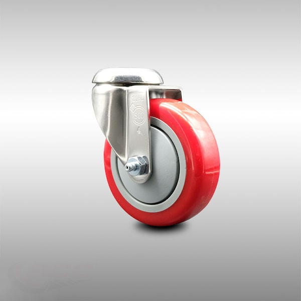 4 Inch 316SS Red Polyurethane Wheel Swivel Bolt Hole Caster